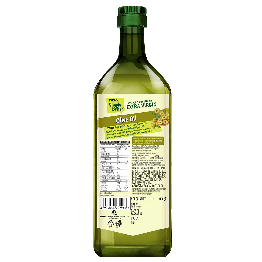 Tata Simply Better Extra Virgin Olive Oil 1L | 100% Pure, Unrefined & Cold-pressed | Hexane-Free - Image 11