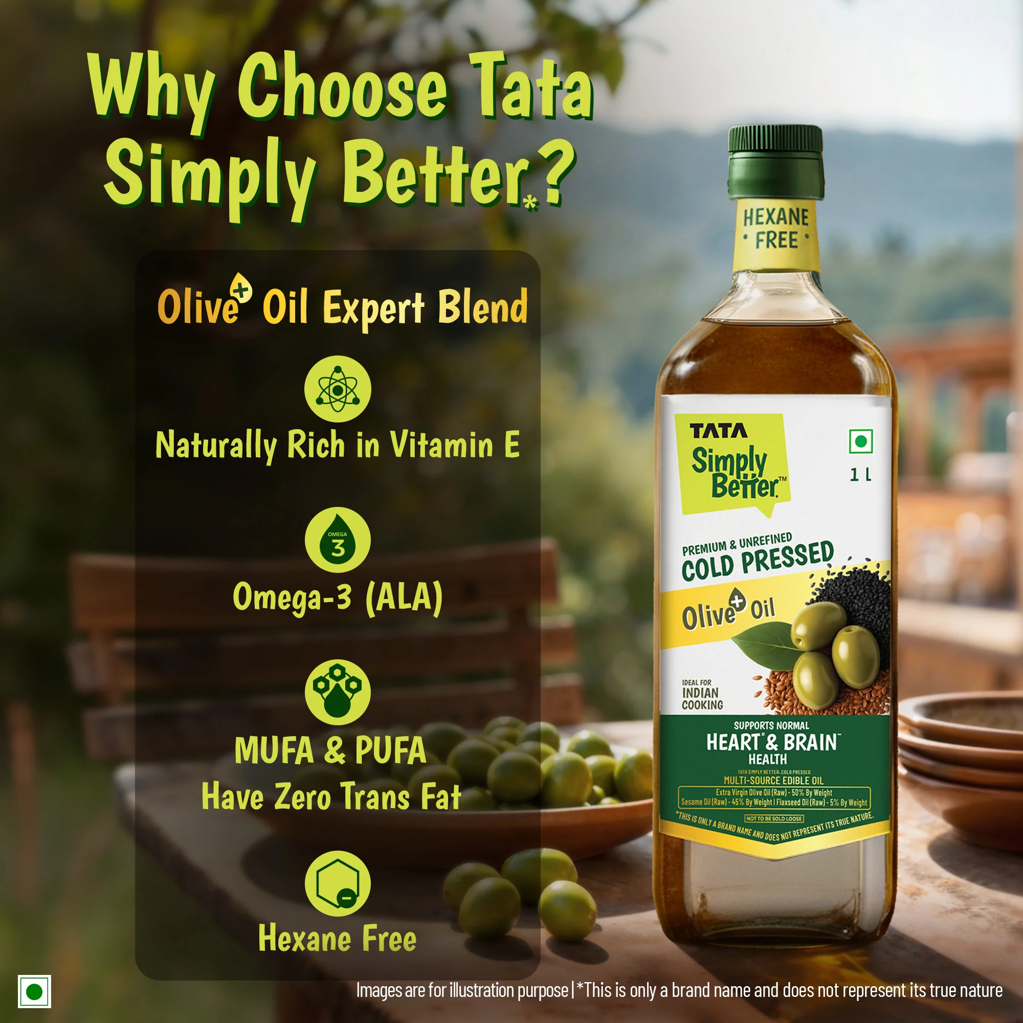 Tata Simply Better Cold Pressed Olive oil+ Blend 1L (Extra Virgin Olive + Sesame + Flax Seed) - Image 4
