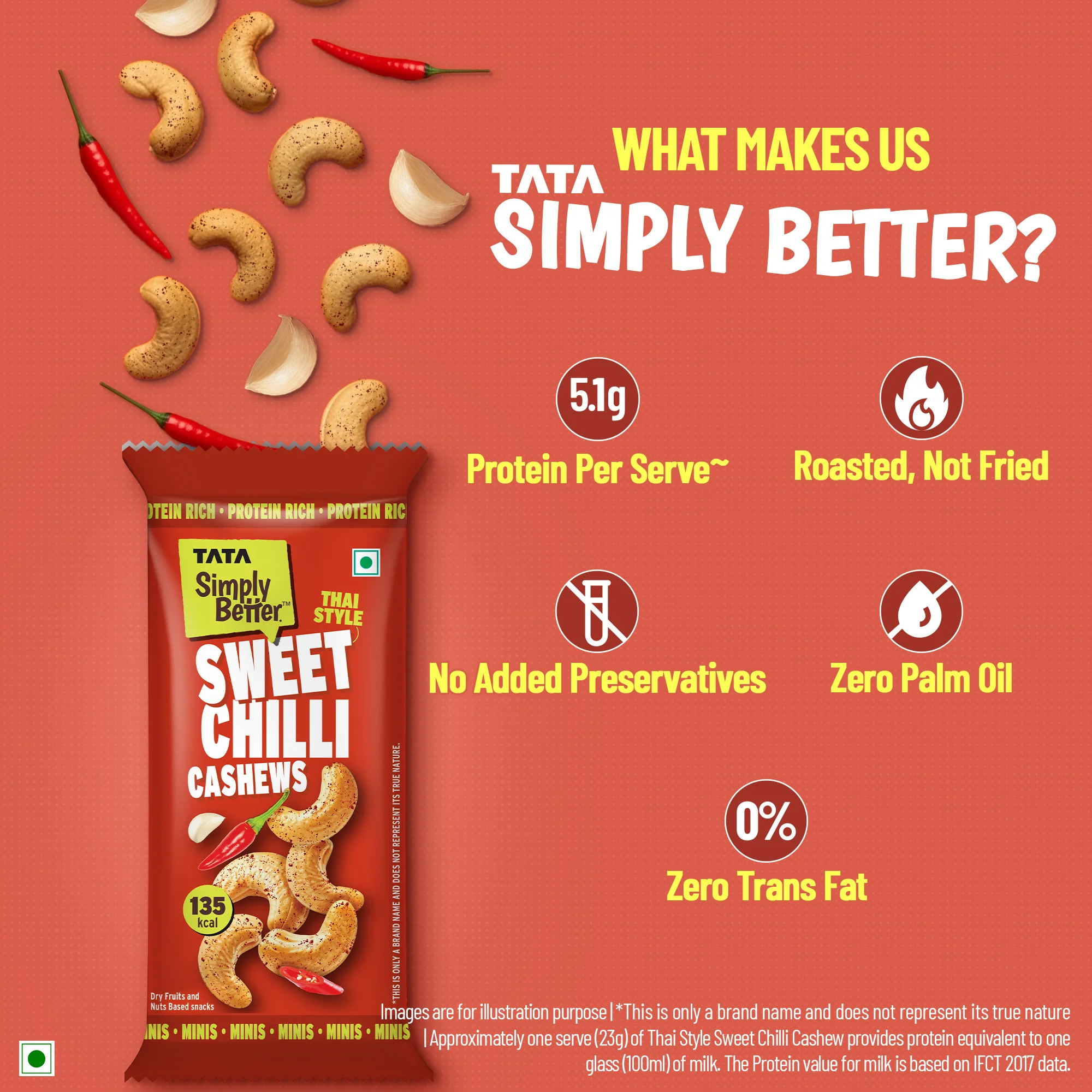 Tata Simply Better Sweet Chilli Flavoured Roasted Cashews, 23g x Pack of 6 - 138g - Image 5